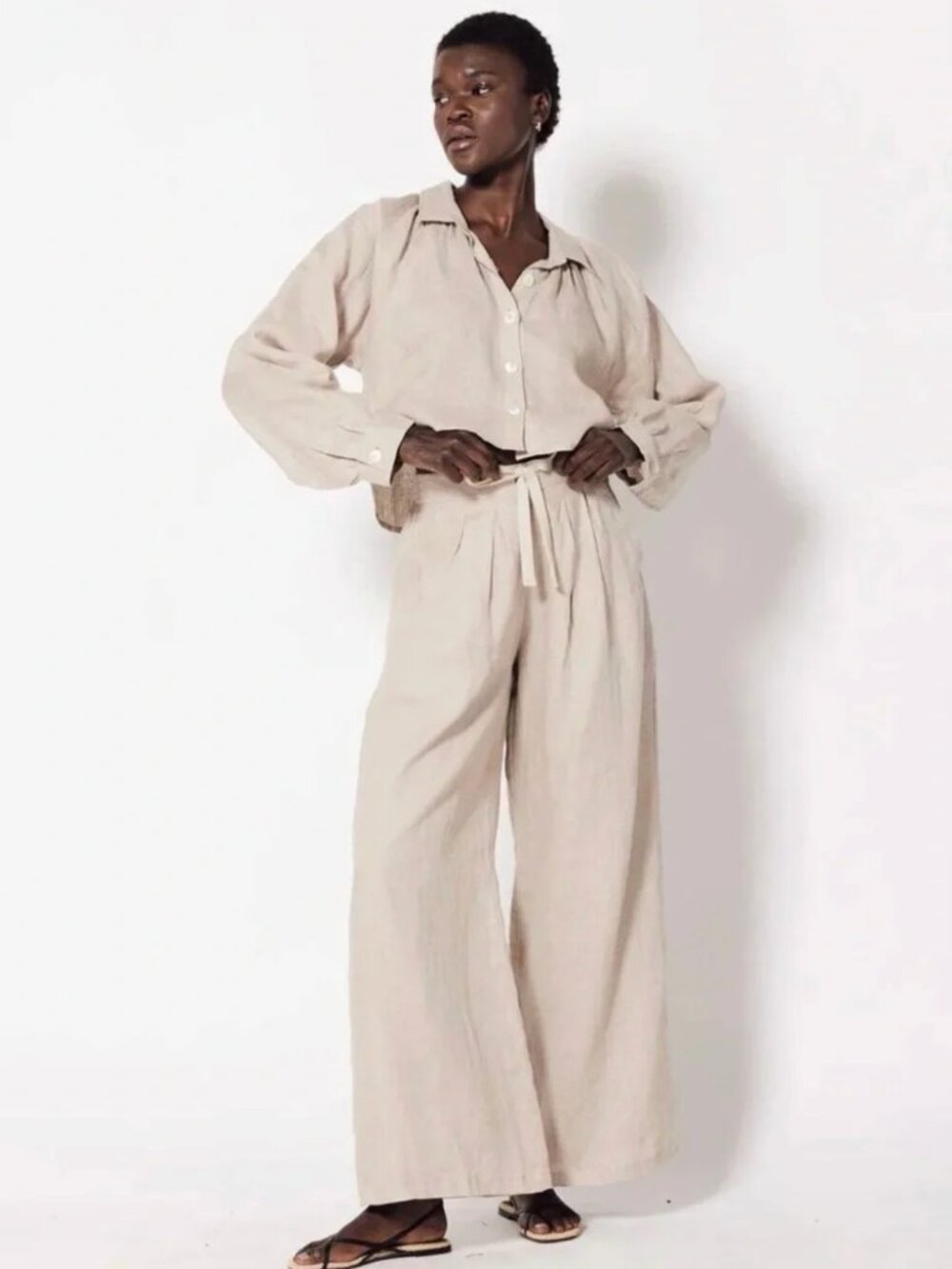 Cleobella Natural-Tone Linen Set - Wide Leg Pants and Cropped Top